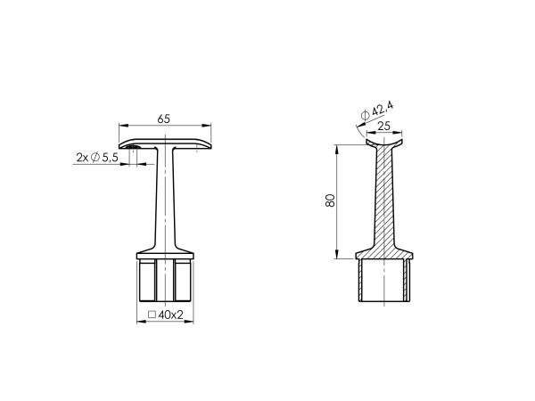 Handlaufstütze STARR für 40 x 40 x 2,0 mm rund 42,4 V2A, matt gebürstet